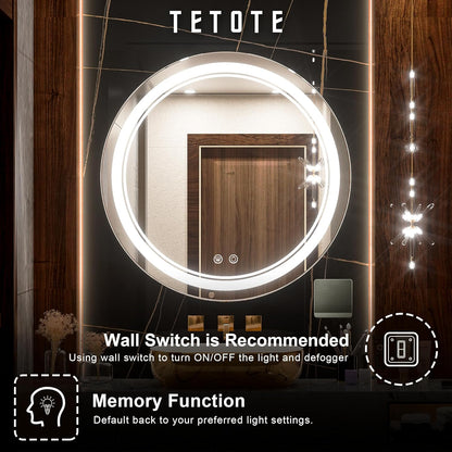 TETOTE 28 Inch Round LED Bathroom Vanity Mirror, Anti-Fog Dimmable Lights IP54 Waterproof Circle Makeup Wall Mounted Mirror
