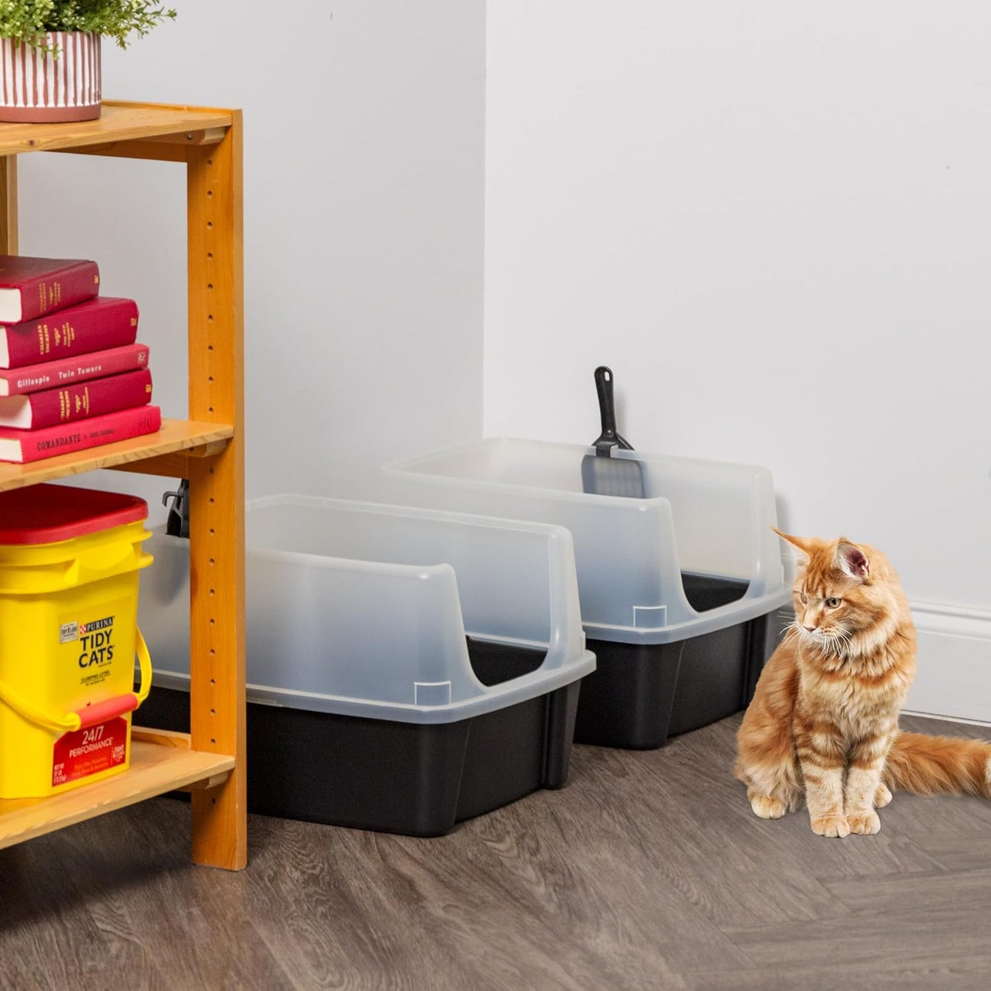 IRIS USA Top Entry Cat Litter Box with Scoop - Large - Stylish Enclosed Round Oval Kitty Dog Proof Box, Litiere Pour Chat Bac - White/Beige