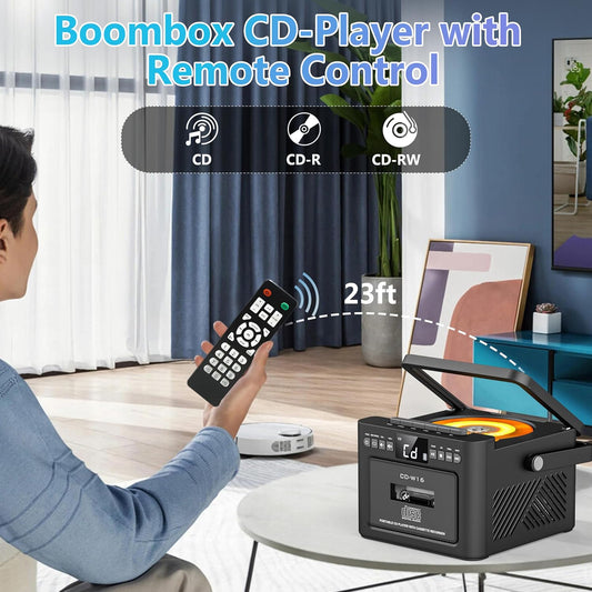 Greadio CD Player Portable, Boombox with CD Cassette Player, 5000mAh Rechargeable Battery Boom Box with Remote Control, Bluetooth 5.1, FM Radio, AUX/USB/SD Card-in, 5W Speaker, LED Screen, Black