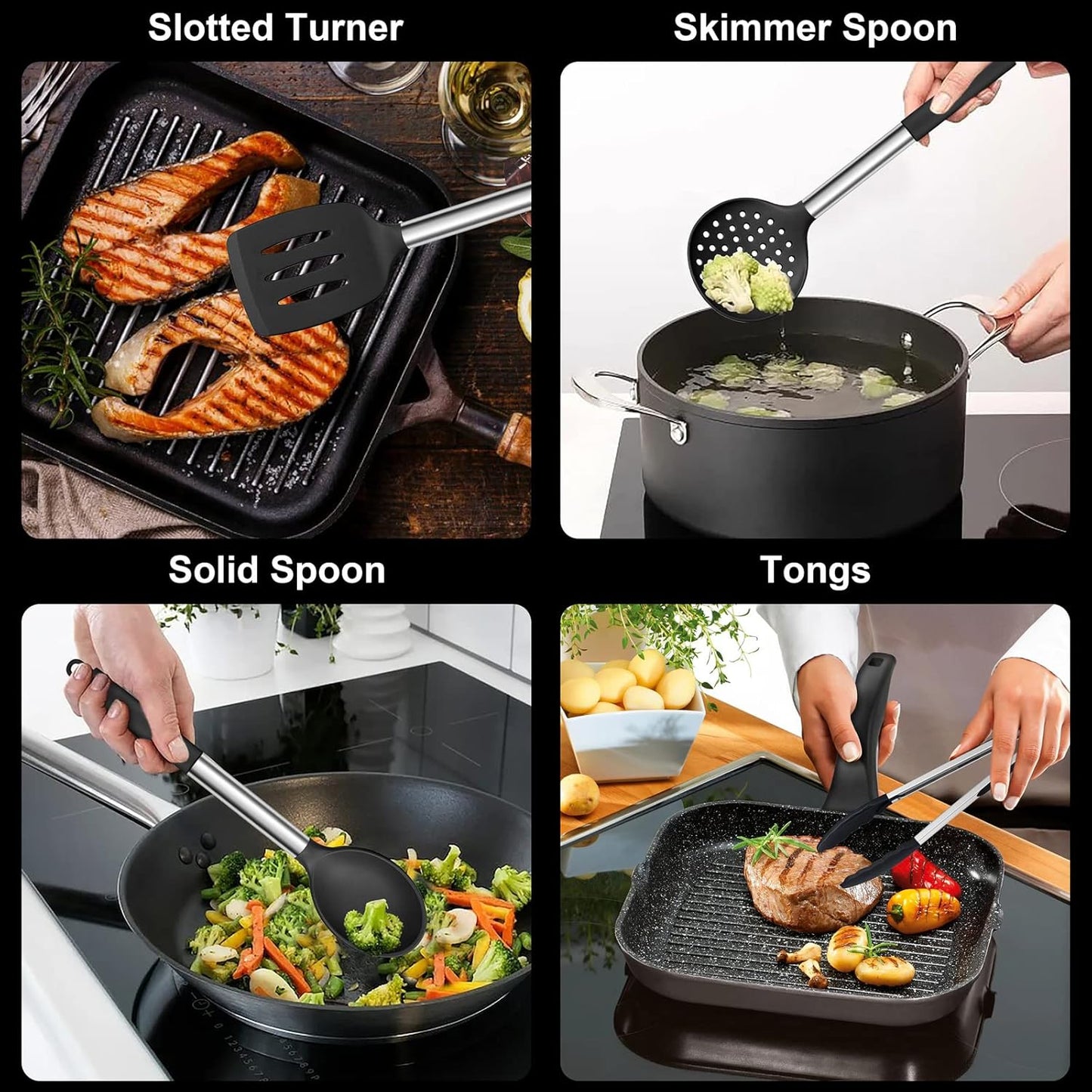 Silicone Cooking Utensils Set | Heat Resistant Kitchen Tools | Non Stick Cookware Utensils | Stainless Steel Handle Utensils | 7 Piece Cooking Set - PuriLite