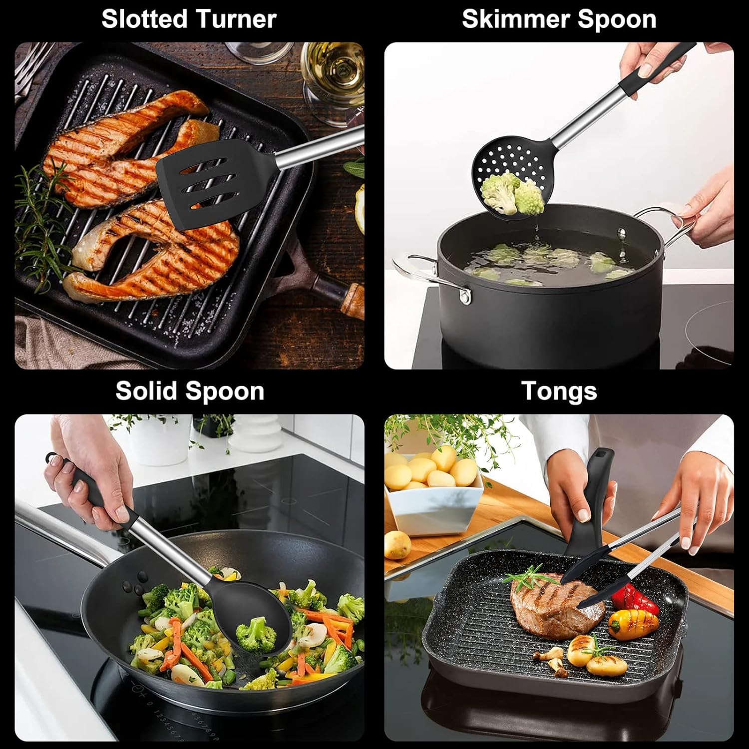 Silicone Cooking Utensils Set | Heat Resistant Kitchen Tools | Non Stick Cookware Utensils | Stainless Steel Handle Utensils | 7 Piece Cooking Set - PuriLite