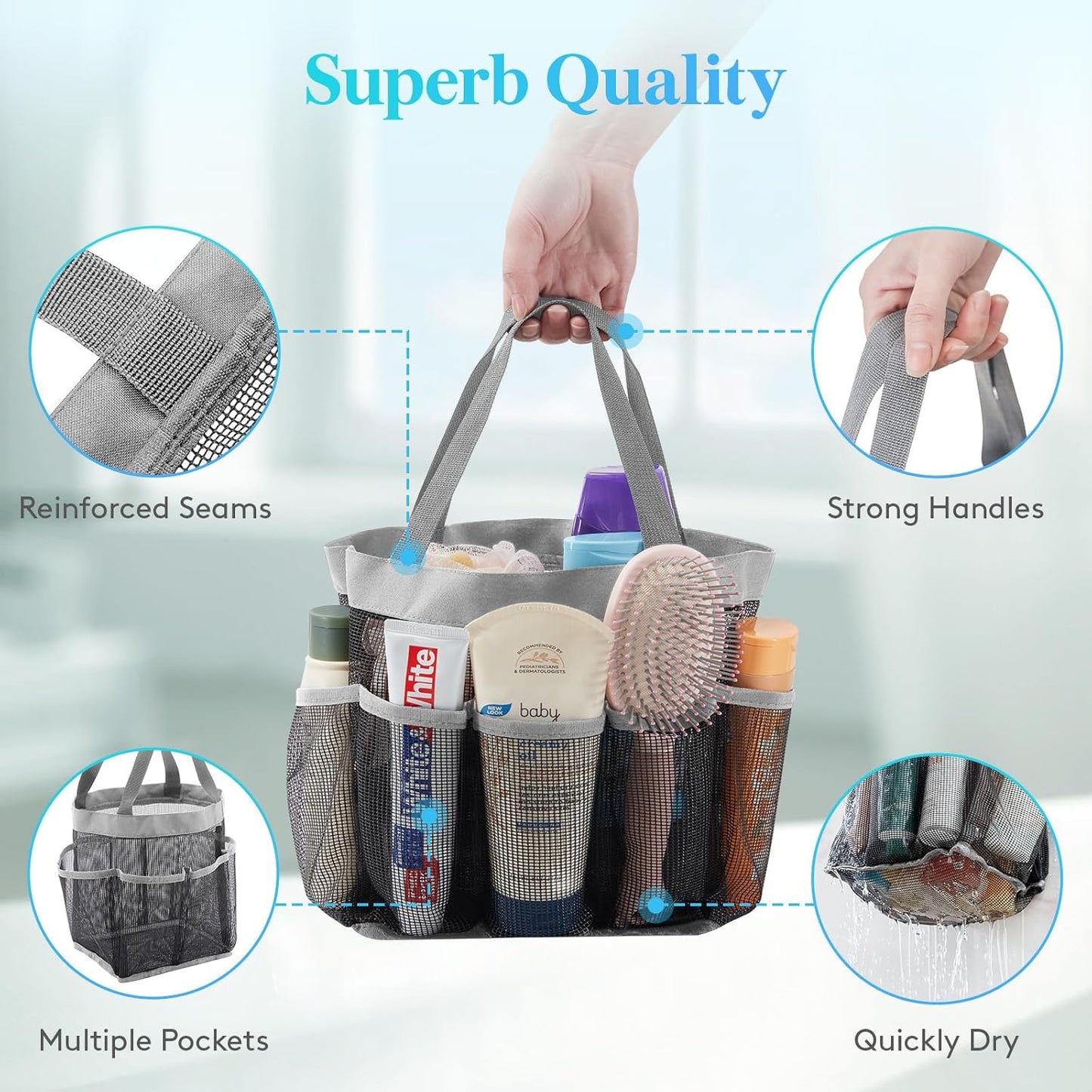 Lifewit Mesh Shower Caddy Freestanding Portable Shower Tote Bag for College Dorm, Bathroom, Gym, Travel, Quick Dry Hanging Shower Organizer with 7 Storage Pockets for Toiletry Essentials, Medium,Black