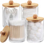 Clear Bathroom Organizer Jars with Bamboo Lids – 4 Pack Plastic Apothecary Containers for Cotton Swabs, Cotton Balls, Floss and Small Essentials - PuriLite