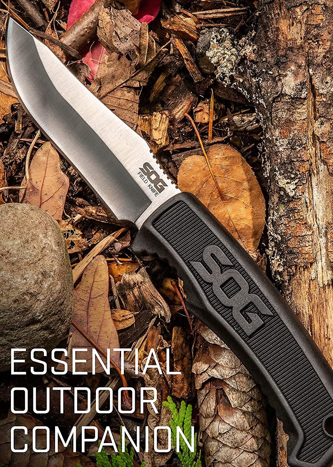 SOG Tactical Knife with Sheath - “Field Knife” Fixed Blade Knives FK1001-CP 4” Fixed Blade Knife with Full Tang Sharp Knife Blade + Survival Knife Grip, Black