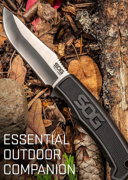 SOG Tactical Knife with Sheath - “Field Knife” Fixed Blade Knives FK1001-CP 4” Fixed Blade Knife with Full Tang Sharp Knife Blade + Survival Knife Grip, Black
