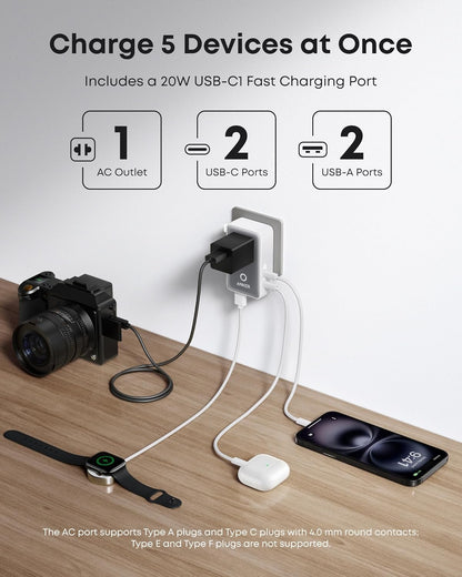 Anker Nano Travel Adapter, 5-Port Power Adapter with 1 AC, 2 USB-A, and 2 USB-C Ports, Smart Temperature Control, Compatible with Over 200 Countries, Ideal for Travel (1-Pack) (White)