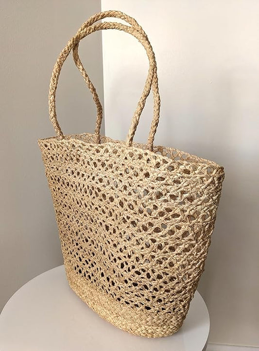 Frost Hats Natural Raffia Beach Tote Bag, Large Crochet Straw Handbag, Made in Madagascar, Beige