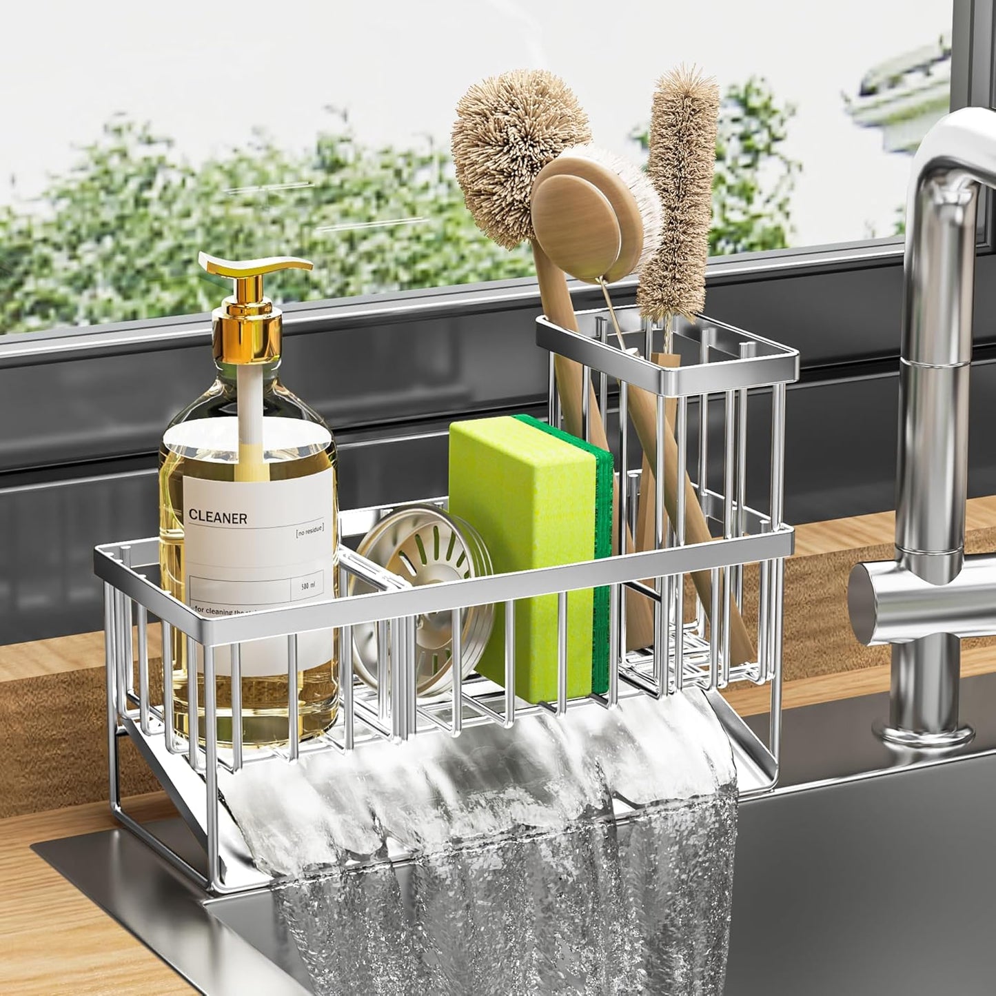 Cisily Kitchen Sink Caddy Organzier with High Brush Holder, Sponge Holder for Sink, 304 Rustproof Stainless, Kitchen Countertop Soap Dispenser Organizer, Kitchen Decor and Accessories (Black)