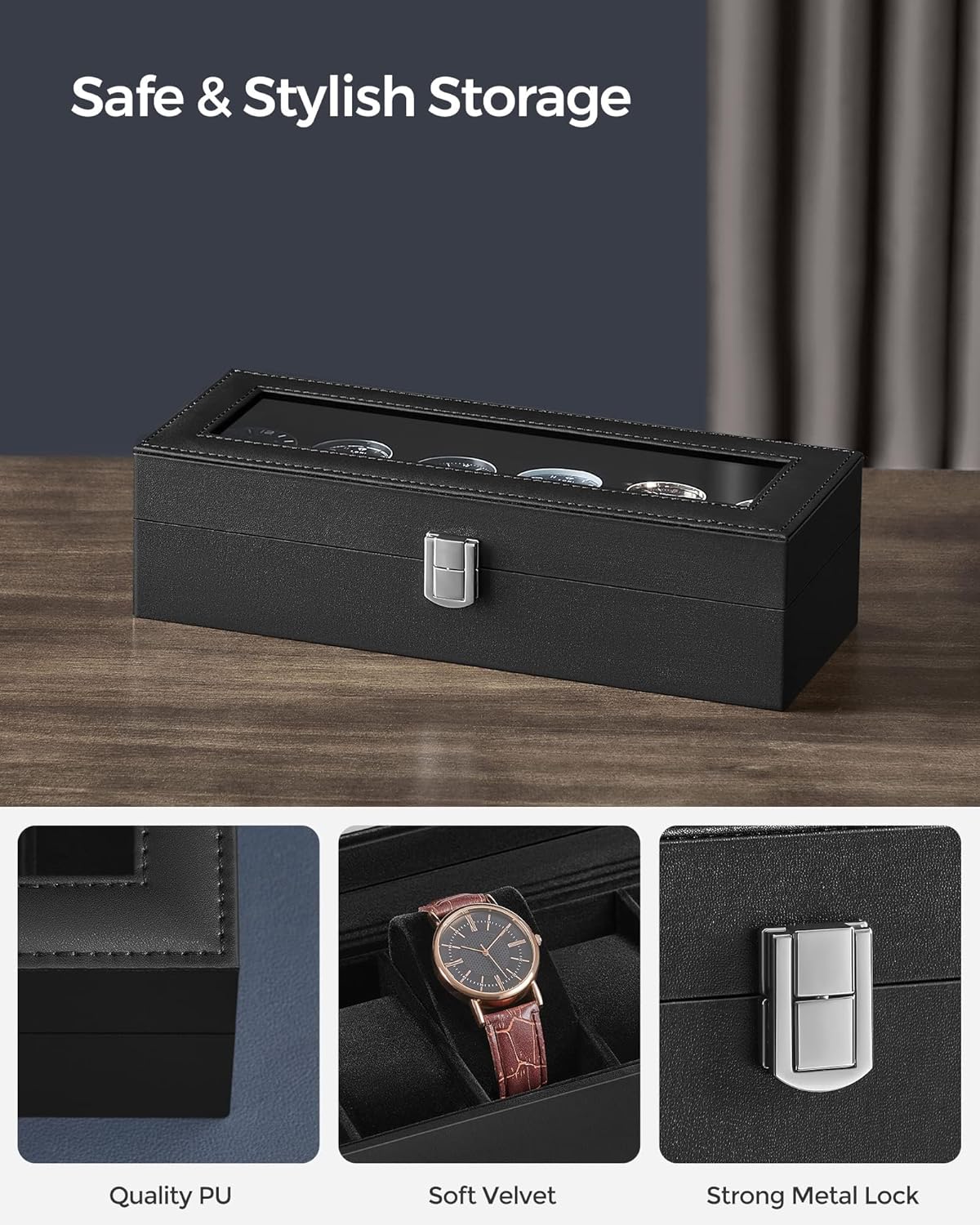 SONGMICS Watch Box, 6-Slot Watch Case, Watch Box Organizer, Black Synthetic Leather, Greenish Gray Lining UJWB06BK