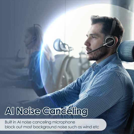 (Upgraded Version) PrancyBt Wireless Headset, Bluetooth Headset with AI Noise Cancelling Mic, Bluetooth V5.2 Headphones with USB Dongle, Charging Base & Mic Mute for PC/Cell Phones/Call Center