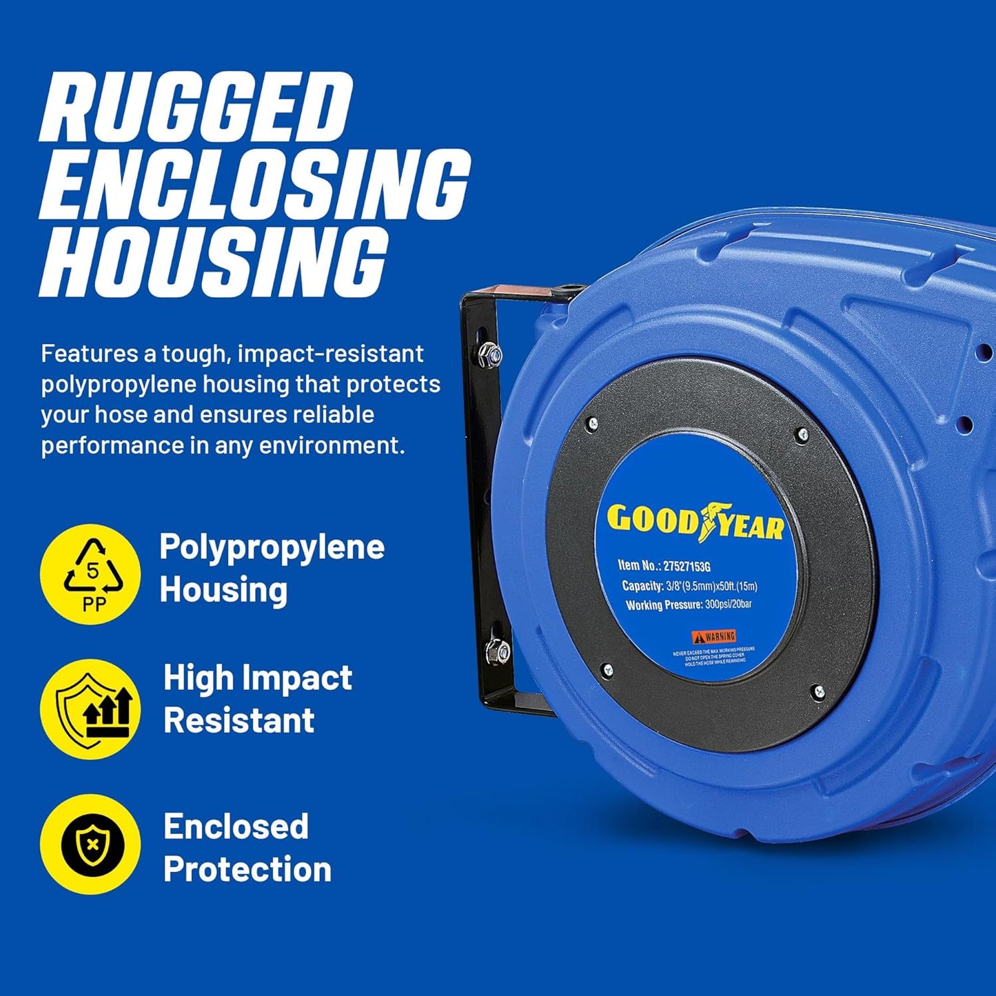 Goodyear Air Compressor Hose Reel Enclosed Retractable 3/8 in. x 50 ft. Hybrid Polymer Hose, Max. 300PSI