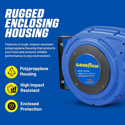 Goodyear Air Compressor Hose Reel Enclosed Retractable 3/8 in. x 50 ft. Hybrid Polymer Hose, Max. 300PSI