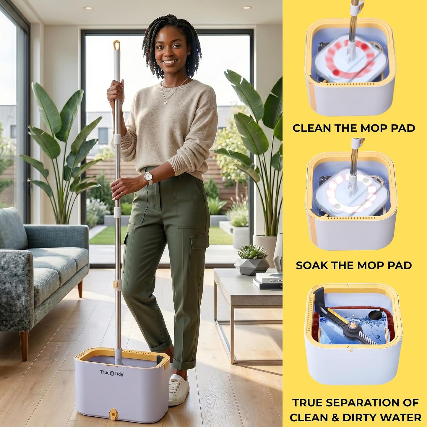 True & Tidy® TrueClean Spin Mop 2.0 w/Detachable Inner Bucket, Self Standing, Separates Clean and Dirty Water, Foldable Square Mop Head, Triple Jet Stream w/Hidden Brush, Replaceable 2pc Pads
