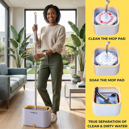 True & Tidy® TrueClean Spin Mop 2.0 w/Detachable Inner Bucket, Self Standing, Separates Clean and Dirty Water, Foldable Square Mop Head, Triple Jet Stream w/Hidden Brush, Replaceable 2pc Pads
