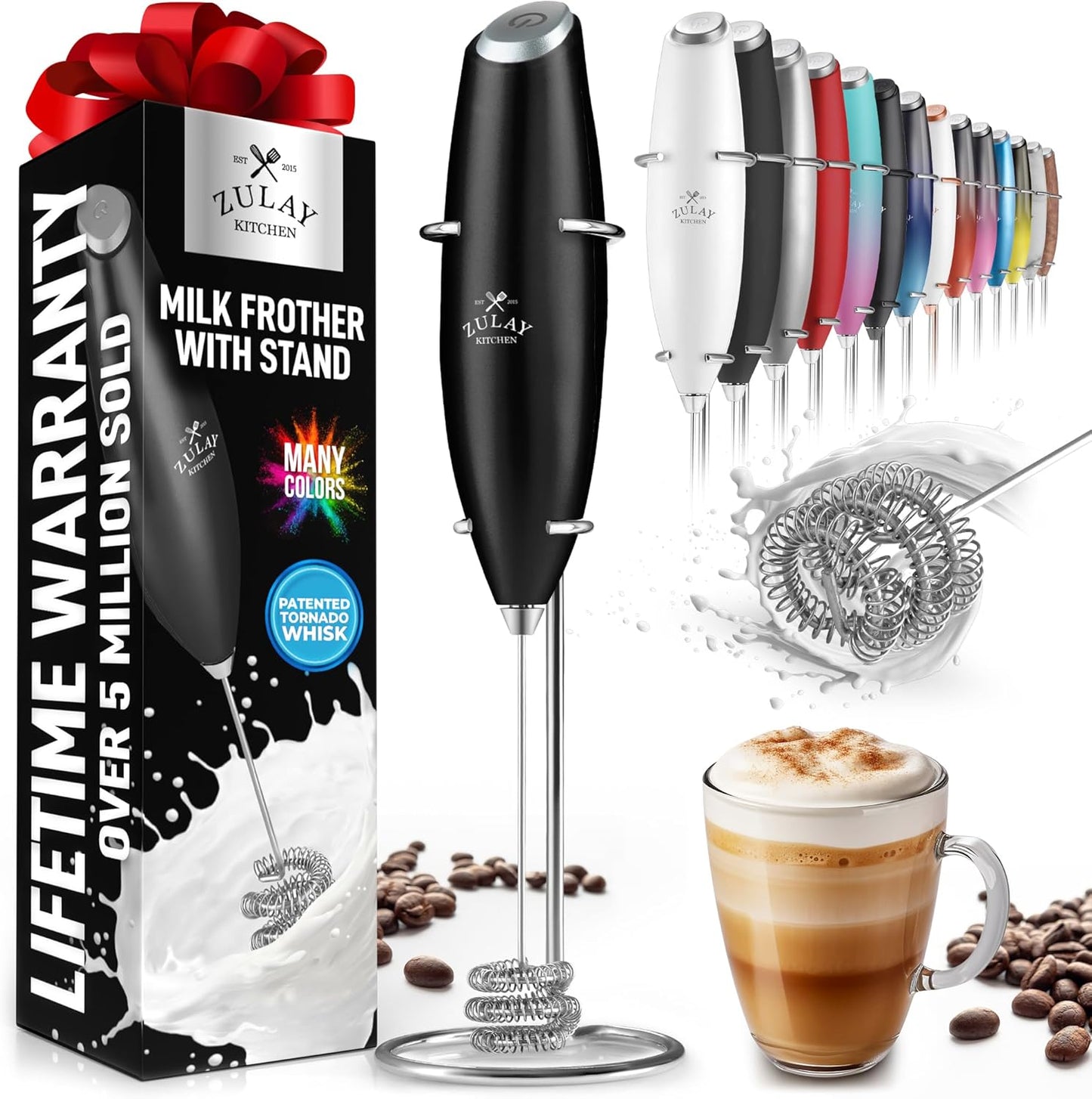Zulay Kitchen Powerful Double Whisk Milk Frother Handheld - Foam Maker with Stand - Whisk Drink Mixer for Coffee, Mini Foamer for Latte, Matcha, Frappe, Hot Chocolate & Cappuccino (Black)