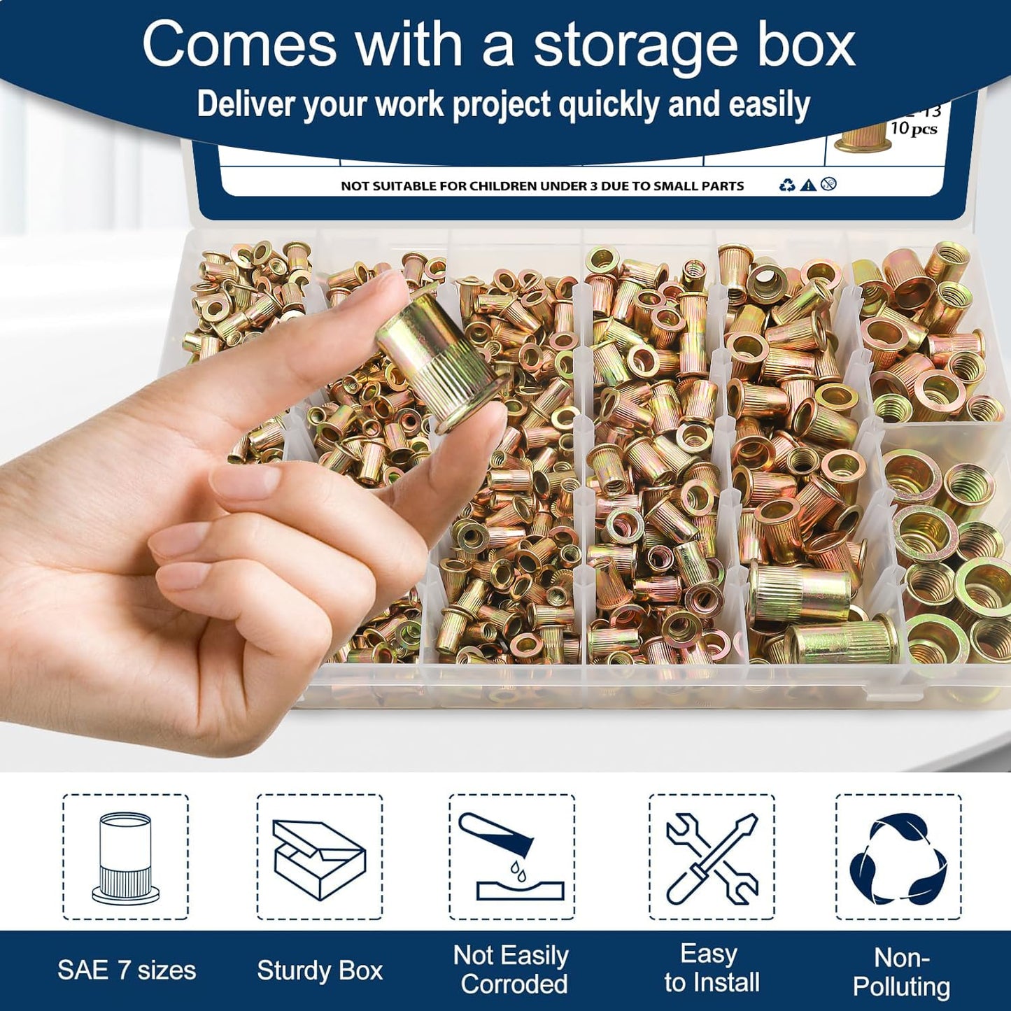 Vifmy Metric & SAE Rivet Nut Assortment Kit(420 Pcs),m3 m4 m5 m6 m8 m10 m12#6-32#8-32#10-24 1/4"-20 5/16"-18 3/8"-16 UNC Flat Head Rivnut Set,Zinc Plated Finish Carbon Steel Nutsert