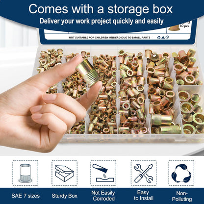 Vifmy Metric & SAE Rivet Nut Assortment Kit(420 Pcs),m3 m4 m5 m6 m8 m10 m12#6-32#8-32#10-24 1/4"-20 5/16"-18 3/8"-16 UNC Flat Head Rivnut Set,Zinc Plated Finish Carbon Steel Nutsert