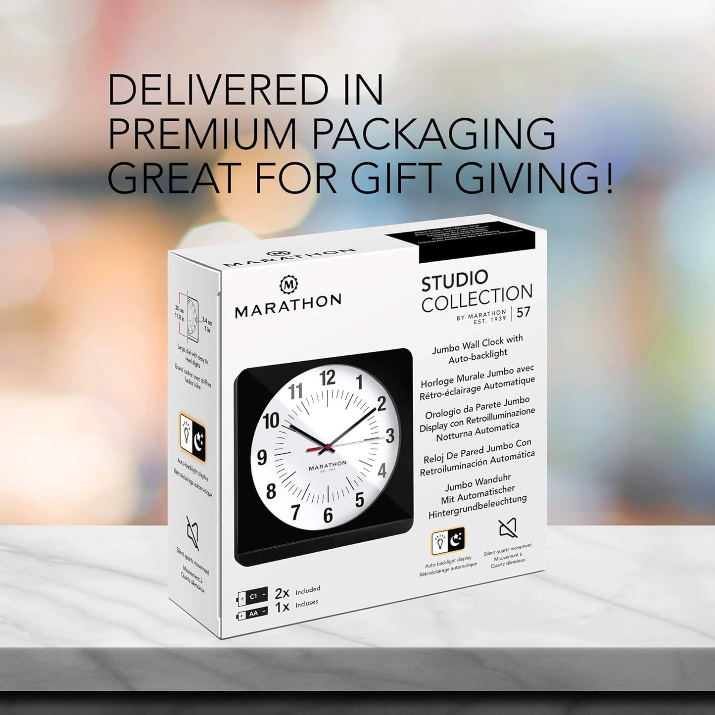 Marathon Studio Edition 12-Inch Jumbo Analog Wall Clock with Auto Night-Light (Model: CL030057-BK-WS-NA)