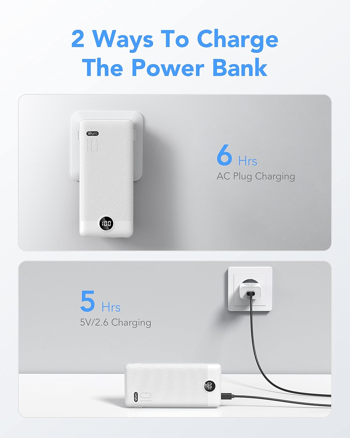 Portable Charger Built-in Cables and AC Wall Plug, VRURC USB C Power Bank 10000mAh, [2025 Upgraded Version] Phone Charger Compact Lightweight External Battery Pack for Smart Phones,Navy Blue