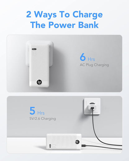 Portable Charger for iPhone, 10000mAh Power Bank with Built-in Cables & AC Wall Plug, USB C Phone Charger 5 Output External Battery Pack Compatible with iPhone Samsung Google Pixel Android -White