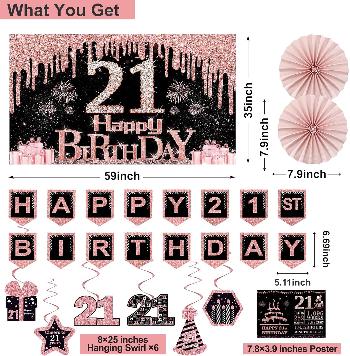 40th Birthday Decorations for Women,32pcs 40th Birthday Party Decorations,Including Backdrop, Crown,Sash,banner, Hanging Swirl,Cake Topper,balloons,Paper Fans,Anniversary Card and paper fans