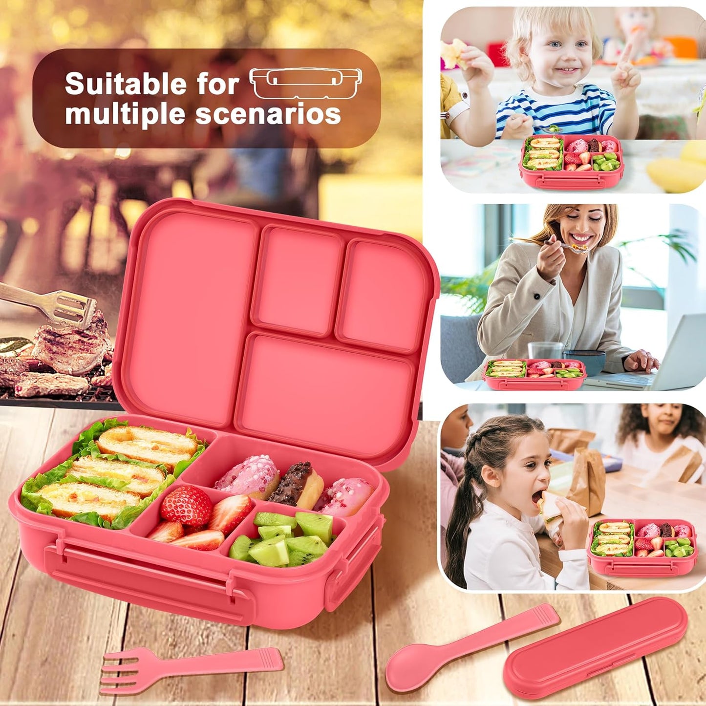 Amathley Lunch Box Kids,Bento Box Adult Lunch Box,Leakproof Lunch Containers for Adults/Kids/Toddler,1200ML-4 Compartments bento Lunch box with Utensil,Microwave & Dishwasher Safe(Dark Gray)