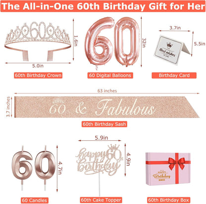 65th Birthday Decorations for Women, Including 65th Birthday Sash and Crown, Cake Topper and Candles, Number Balloons Rose Gold, 65 Year Old Gifts for Women