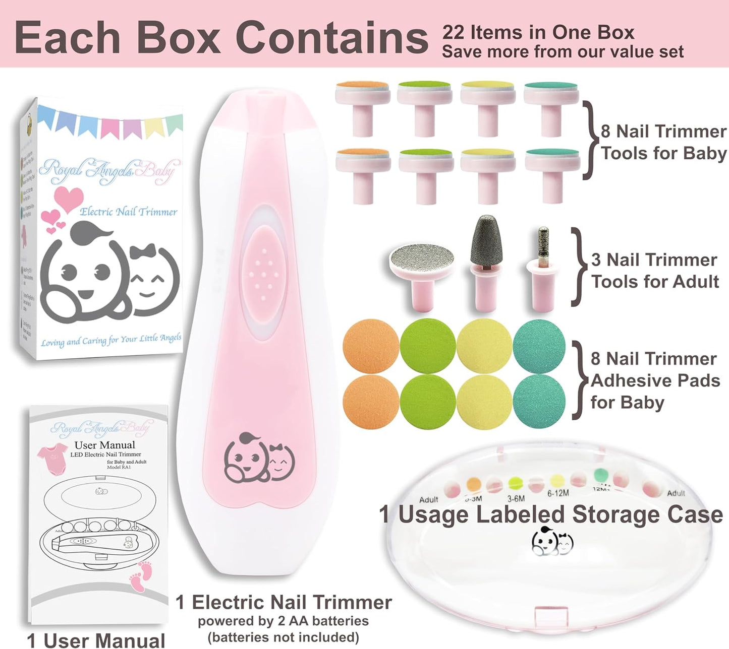 Royal Angels Rechargeable Baby Nail Clippers 20 in 1, Safe Electric Nail Trimmer, Baby Nail Kit, Additional Replacements, Newborn Toddler Toes and Fingernails, Trim and Polish (Rechargeable, Snow)