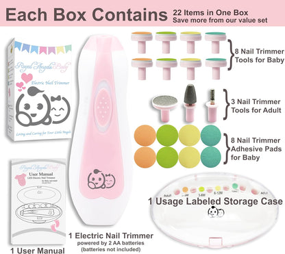 Royal Angels Rechargeable Baby Nail Clippers 20 in 1, Safe Electric Nail Trimmer, Baby Nail Kit, Additional Replacements, Newborn Toddler Toes and Fingernails, Trim and Polish (Rechargeable, Snow)