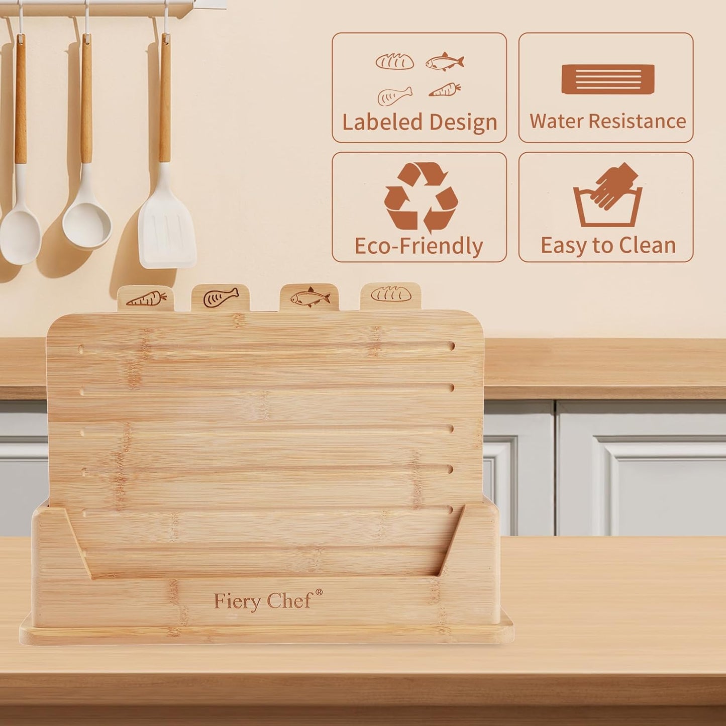 Fiery Chef Bamboo Cutting Board Set of 4 with Holder – Double-Sided Wood Chopping Boards with Food Icons & Juice Groove – For Meat, Fish, Bread, Vegetables & Fruit (12.6" x 9") - PuriLite