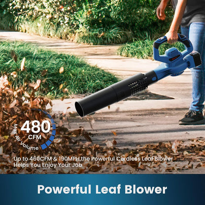Leaf Blower Cordless,460CFM &190MPH,20V 4.0Ah Upgrade Battery Powered 2-in-1 Leaf Blower(Upgraded),6 Variable Speed,for Blowing Leaves,Debris,Snow and Dust,4.0Ah Battery&Charger Included(Blue)
