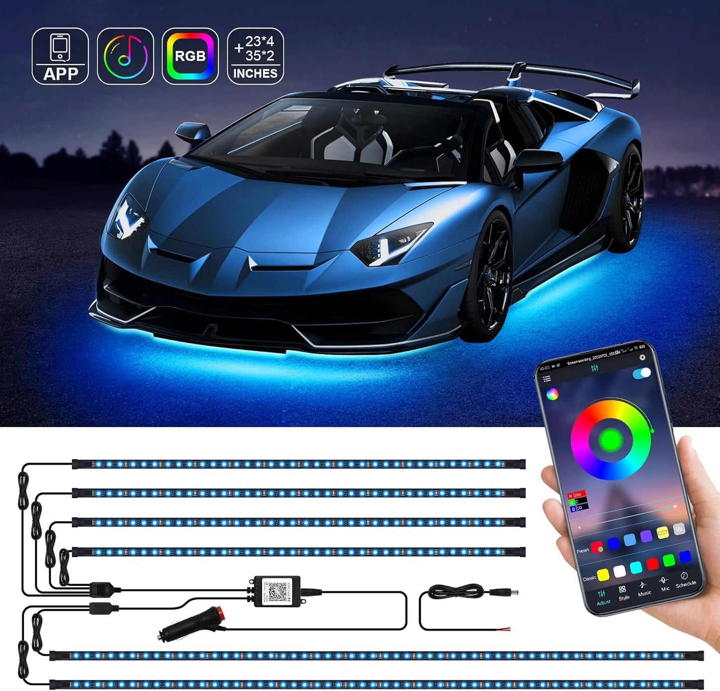 MAODANER Exterior Car Underglow LED Strip Lights – Universal RGB Neon Accent Lights, Music Mode, Waterproof IP67, Bluetooth App Control, Multicolor Underbody Lighting Kit (2×35" + 4×23") - PuriLite