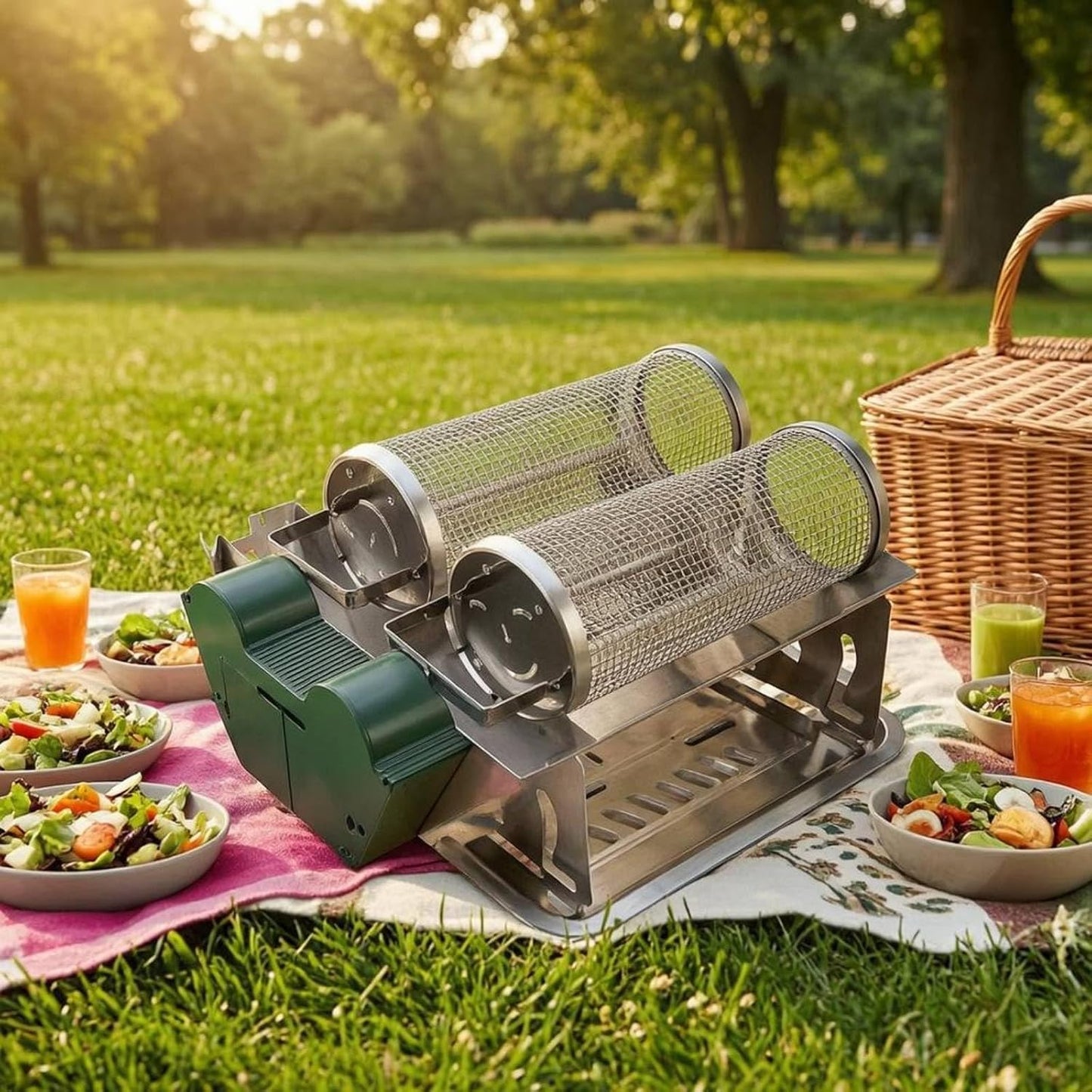 Electric Barbecue Grill Cage Compact Rotating Basket Grill Rust-Resistant for Tabletop