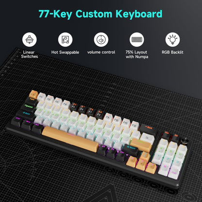 75% Mechanical Gaming Keyboard with Volume Knob, Wired Backlit Keyboard with 10 Rainbow Backlit Modes, Red Switch 77 Keys Compact Anti-Ghosting Gaming Wired Keyboard for PC Laptop Mac Gamer