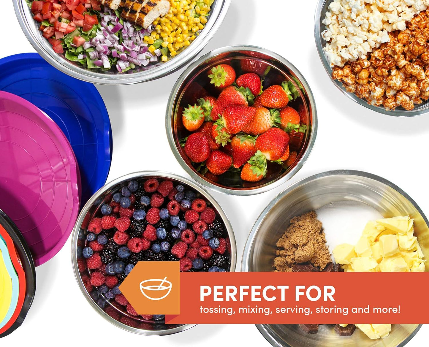 Elite Gourmet EBS-0012 Maxi-Matic 12Piece Stainless Steel Color Mixing Bowls with Lids, 7.25 qt. - 6 qt. – 3.5 qt. – 3 qt. – 2.25 qt. – 2 Qt