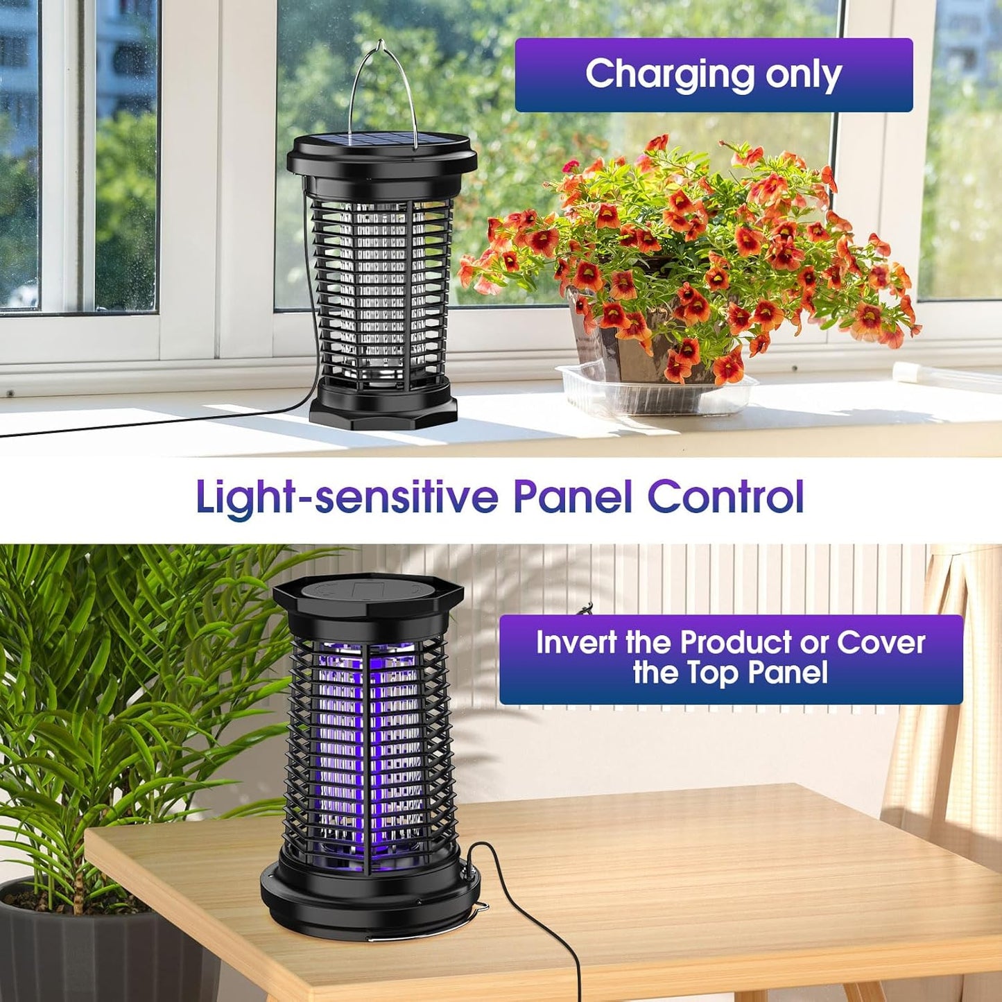 PALONE Solar Bug Zapper with 5.5W Solar Panel Charging, USB Charging Bug Zapper Light for Outdoor and Indoor