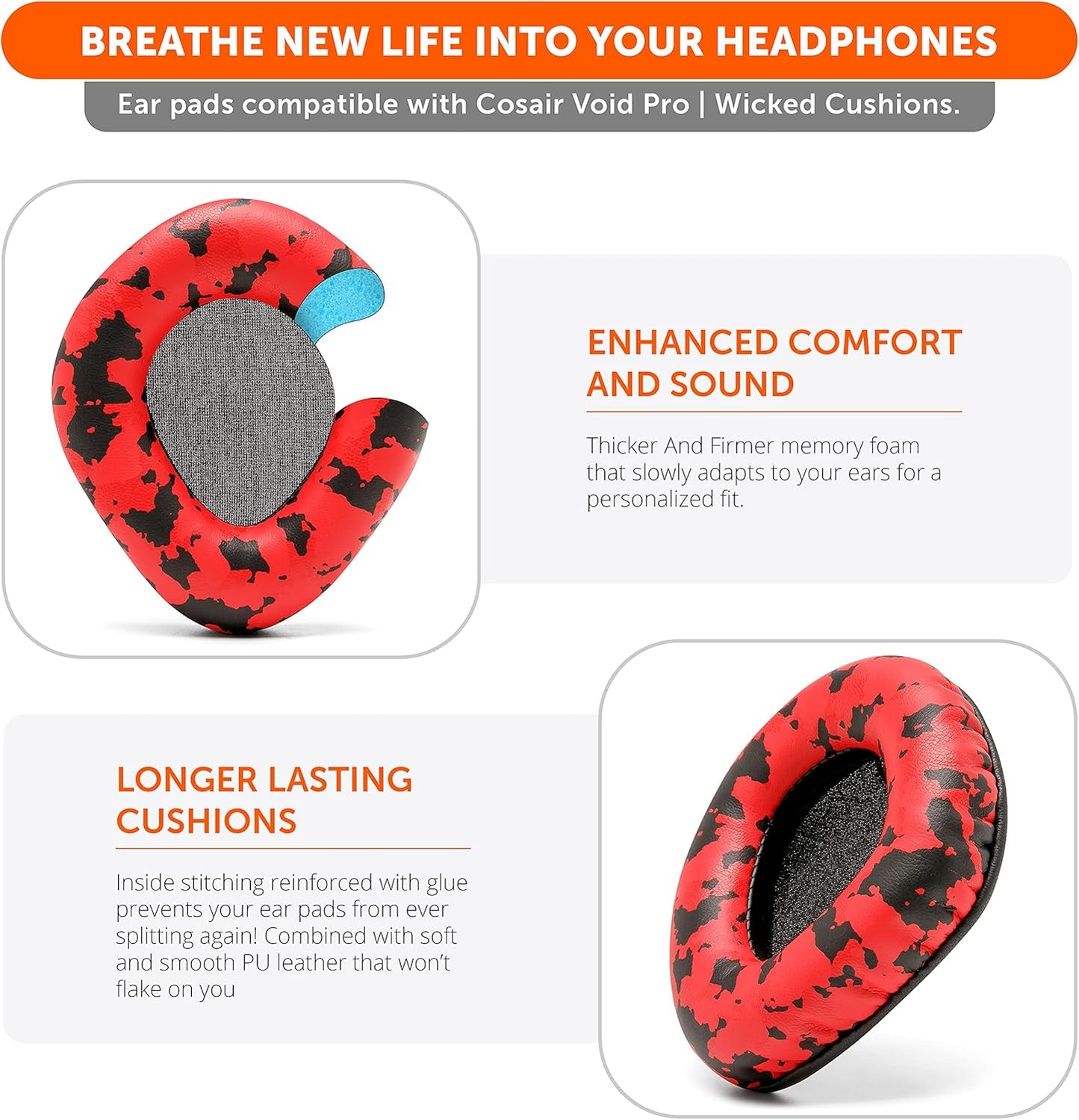 WC Upgraded Replacement Earpads for Corsair Void & Corsair Void Pro Wired & Wireless Gaming Headsets Made by Wicked Cushions | Improved Durability, Thickness, and Sound Isolation | (Red Camo)
