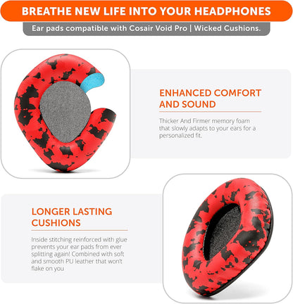 WC Upgraded Replacement Earpads for Corsair Void & Corsair Void Pro Wired & Wireless Gaming Headsets Made by Wicked Cushions | Improved Durability, Thickness, and Sound Isolation | (Red Camo)