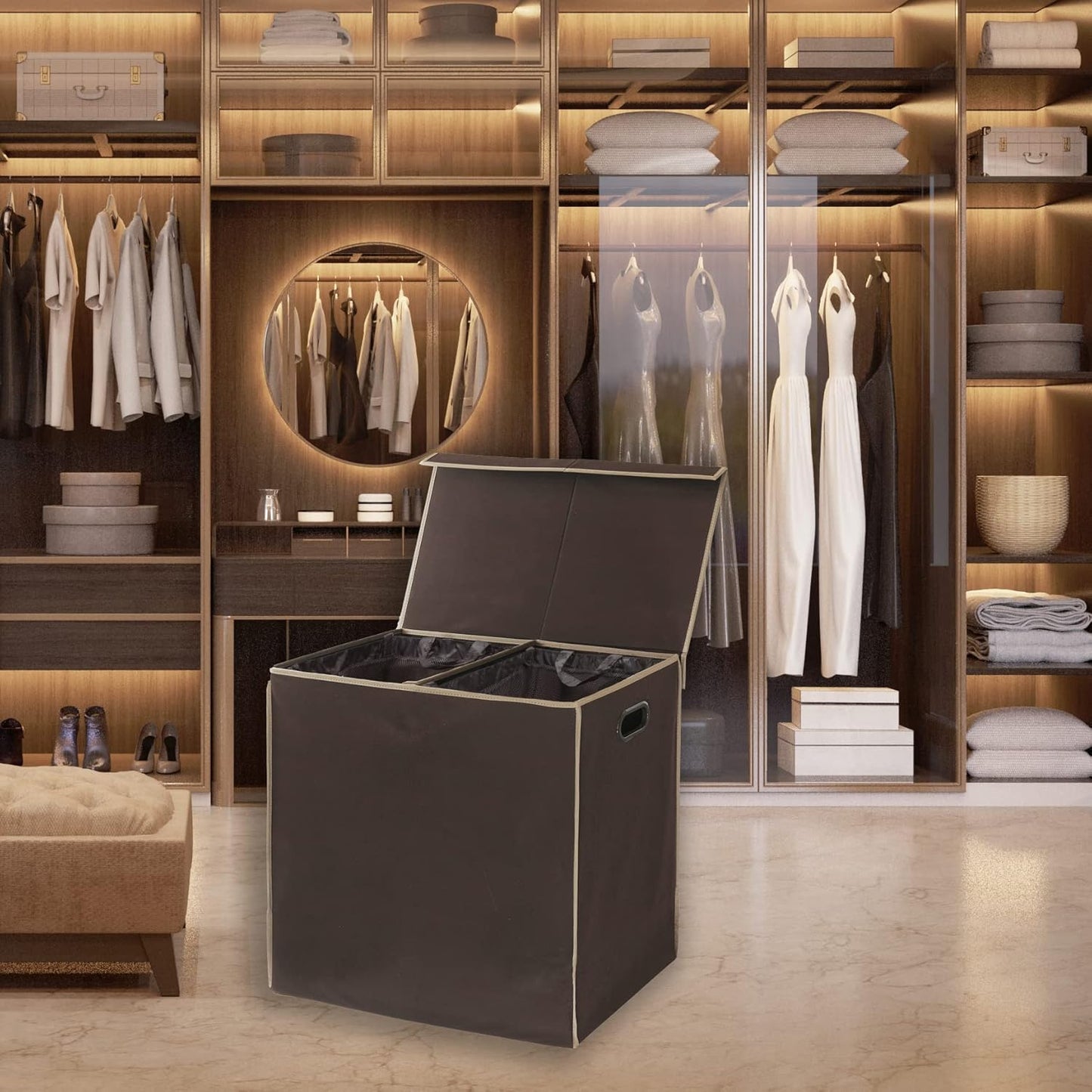 SimpleHouseware Double Laundry Hamper with Lid and Removable Laundry Bags, Beige