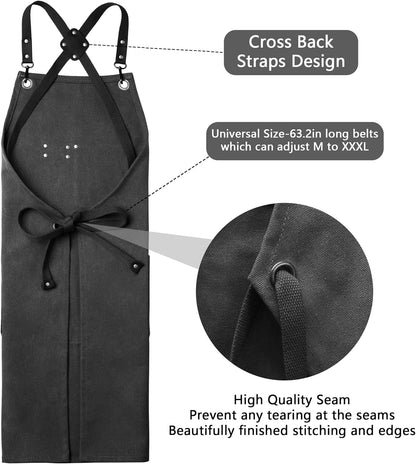 CONTAIL Chef Apron for Men Women,Canvas Aprons with Pockets-Cross Back Kitchen Apron for Cooking Grilling Baking BBQ Barber