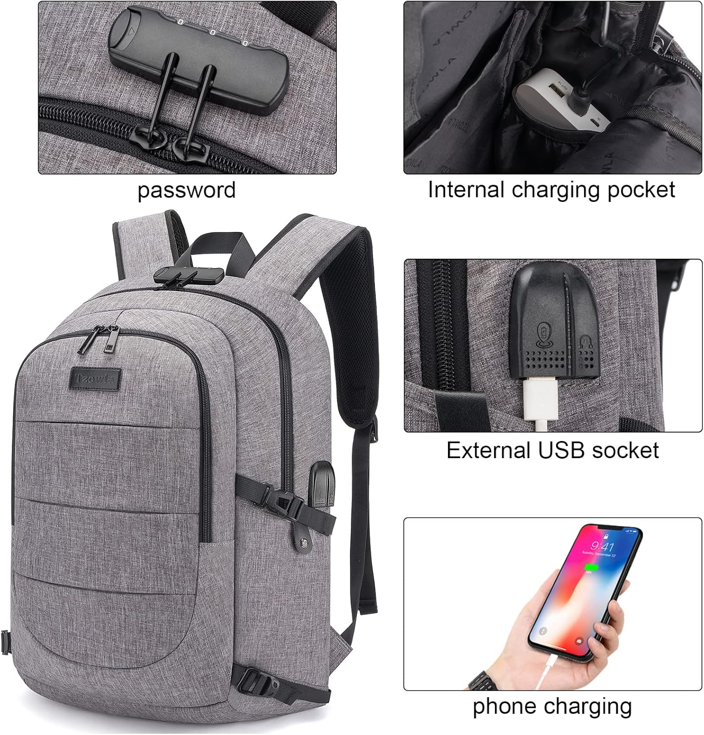 Tzowla Laptop Travel Slim School Backpack Water Resistant Anti-Theft Bag with USB Charging Port and Lock 15.6 Inch Computer Business Backpacks for Men Women College Student Gift,Bookbag Casual Daypack