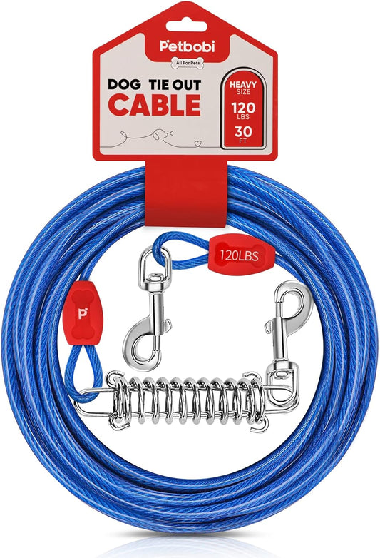 Petbobi Dog Tie-Out Cable 30ft - Outdoor Leash 4mm Metal Cable with Shock Absorbing Spring 360° Swivel Clips, Dog Chain for Yard Camping, Fit Small Medium Large Pets Up to 120lbs, Blue