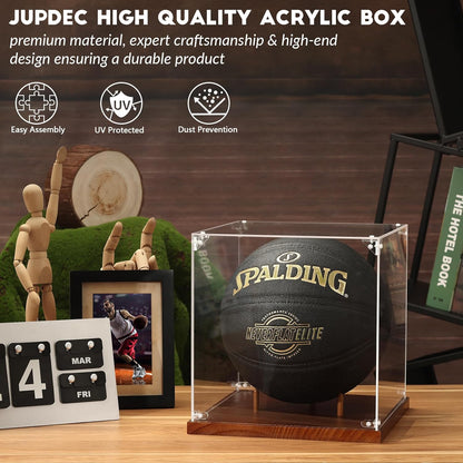 JupDec Baseball Display Case, Clear Cube Baseball Holder with Wooden Base, Autograph Baseball Stand Box for Single Ball, Acacia Wood, Brown, 1 Pack