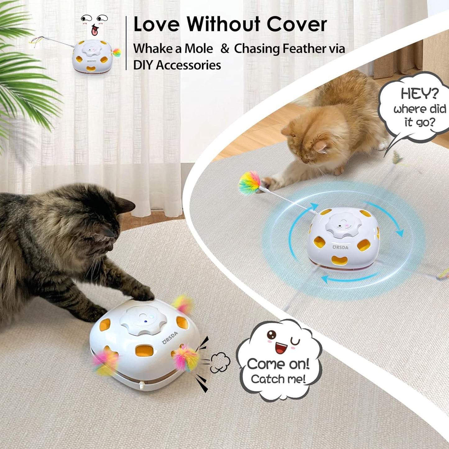ORSDA Cat Toys Interactive, 4 in 1 Automatic Cat Toy, Hide and Seek, Whack a Mole, Magic Wand, Chasing Feather, with 4 Replacements, USB Rechargeable, for All Breed Sizes