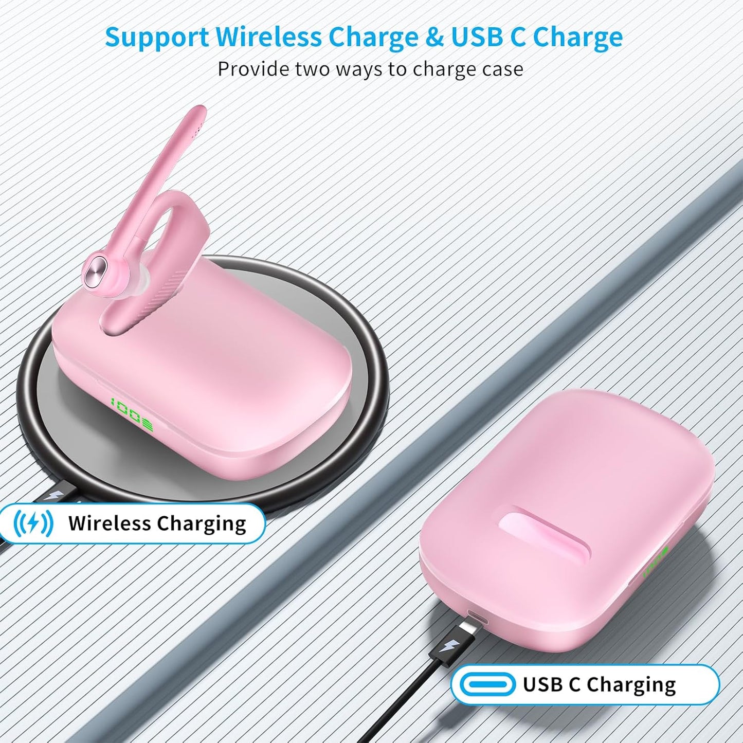 Wireless Headset Bluetooth Earpiece with Dual Noise Canceling Microphone Hands Free Headphones Single Ear Earphone Over Ear Earbud for iPhone Samsung Android Cellphones TV PC Trucker Game Work