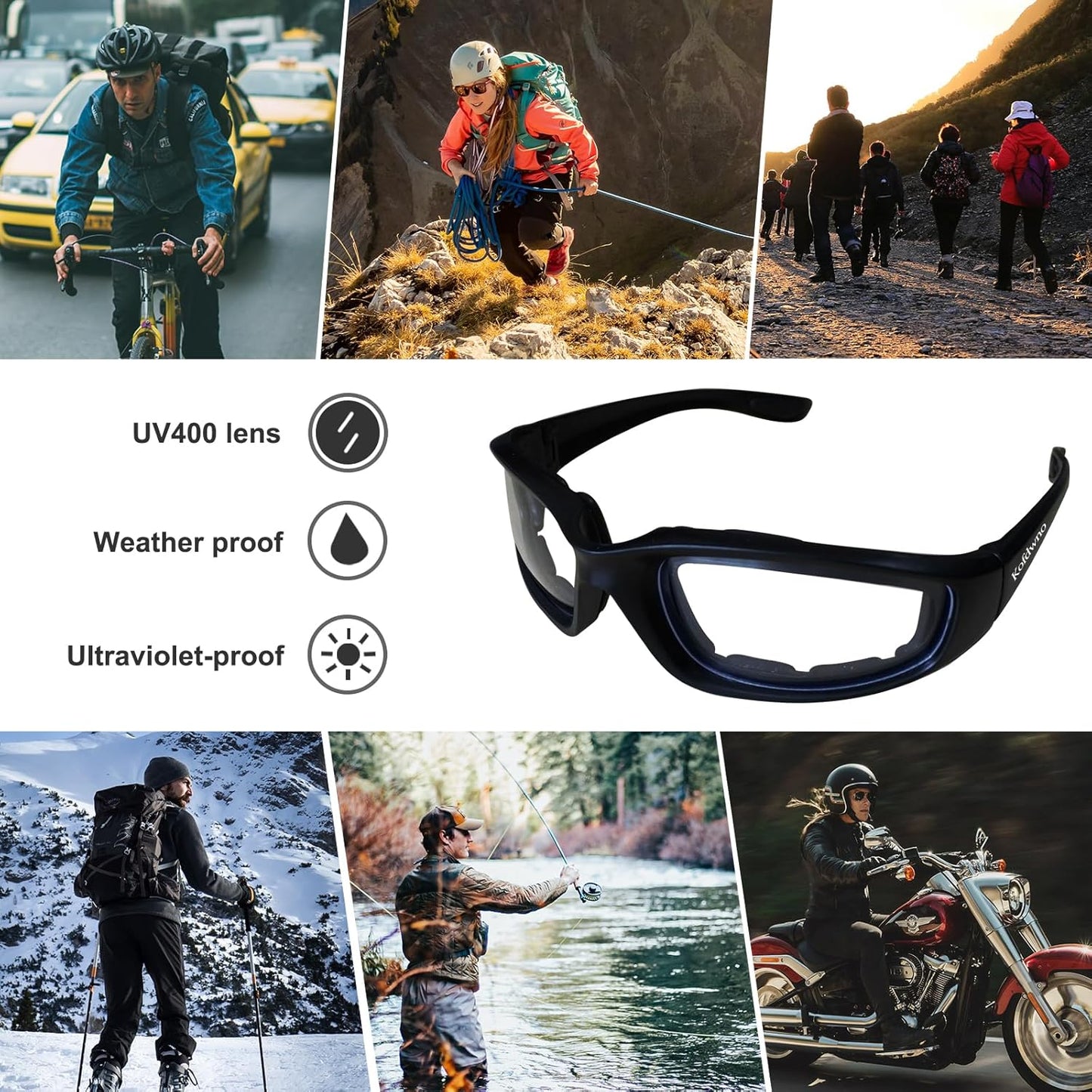 Driving Motorcycle Riding Glasses Foam Padded Eyeglass Motocross Goggles Waterproof Anti-Wind Dustproof UV Protection Bicycle Motorcycle Sunglasses for Outdoor Activities Sports Eyewear(Clear Lens)