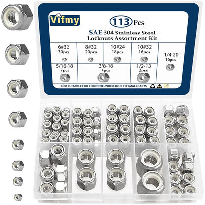 Vifmy 110 Pack 1/4"-20 Inch Lock Nuts,304 (A2-70) Stainless Steel Nylon Insert Locknuts,Standard Inch Thread Nylock Nuts for Bolts