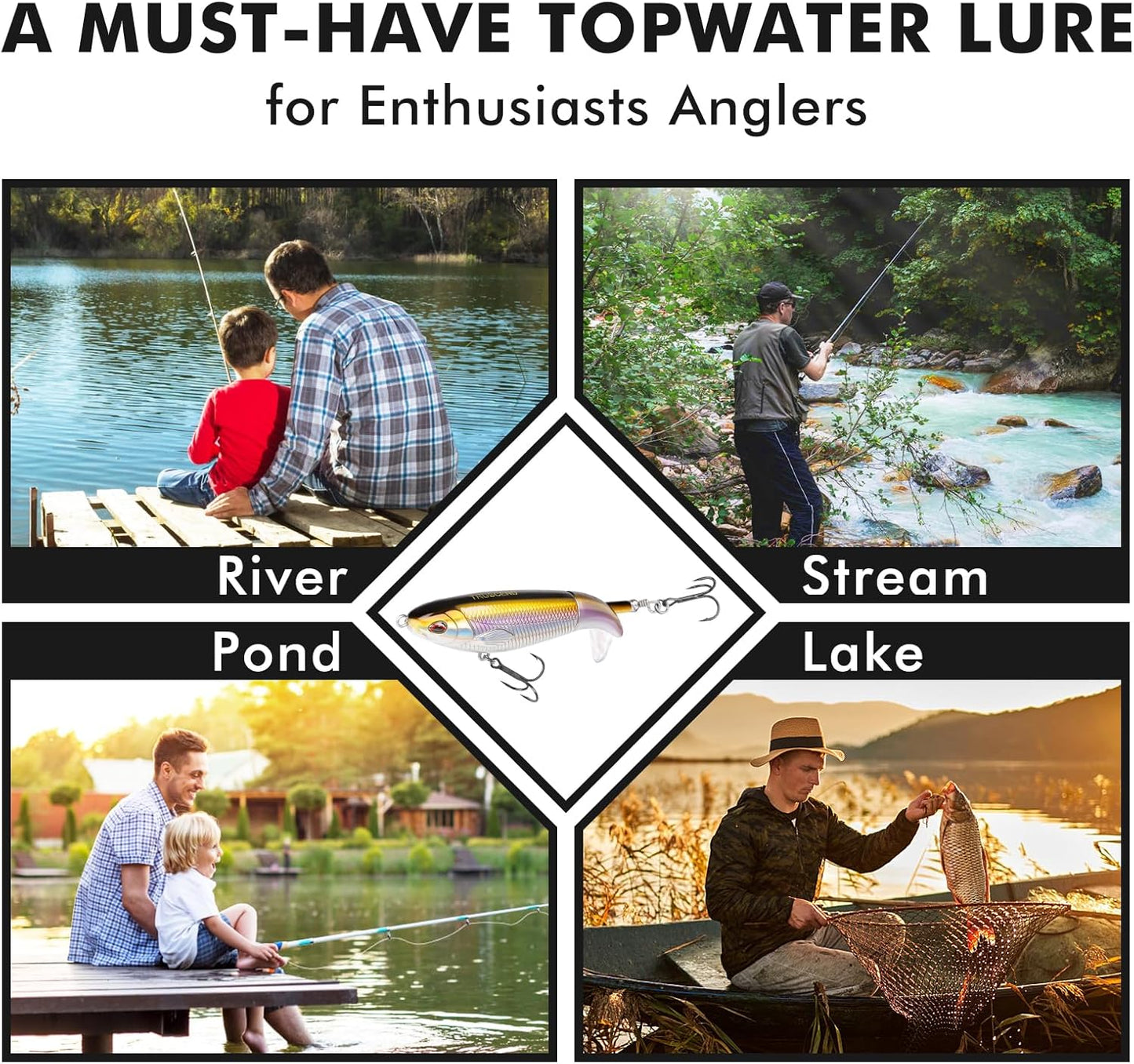 TRUSCEND PoPobait with BKK Hooks, Top Water Plopper Fishing Lures for Bass Walleye Pike Catfish Musky Perch, Floating Lure for Freshwater or Saltwater, Amazing Teasers Fishing Gifts for Family Fishing