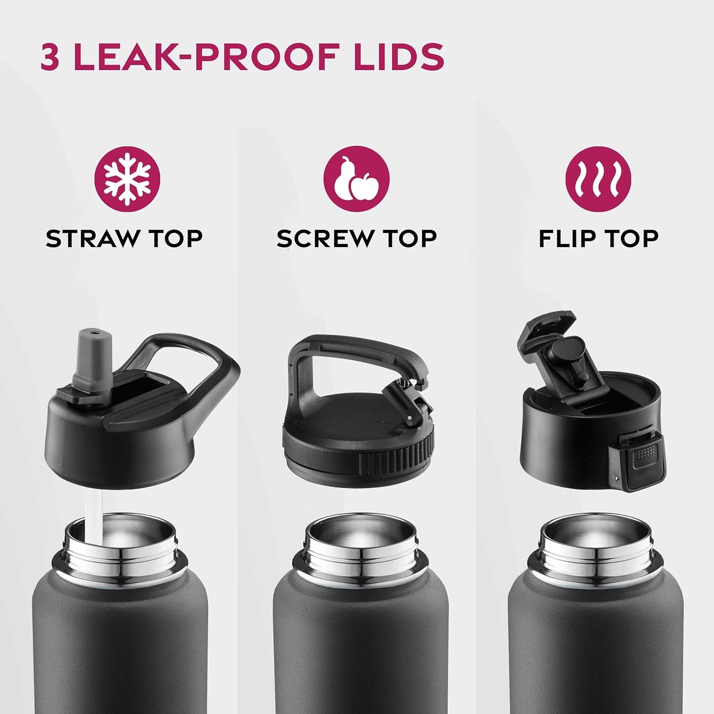 FineDine Water Bottle - Stainless Steel Insulated Water Bottle with Straw Lid, Flip Lid & Wide-Mouth Cap - Keeps Hot and Cold - 25 Oz / 739ml - Pure Pearly White