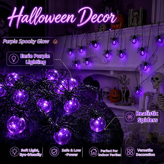 Halloween Lights Outdoor/Indoor,10FT 20LED Purple Spider String Lights